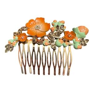 Vintage Euro Disney Flower Comb Gold Tone Orange Green Enamel Floral France